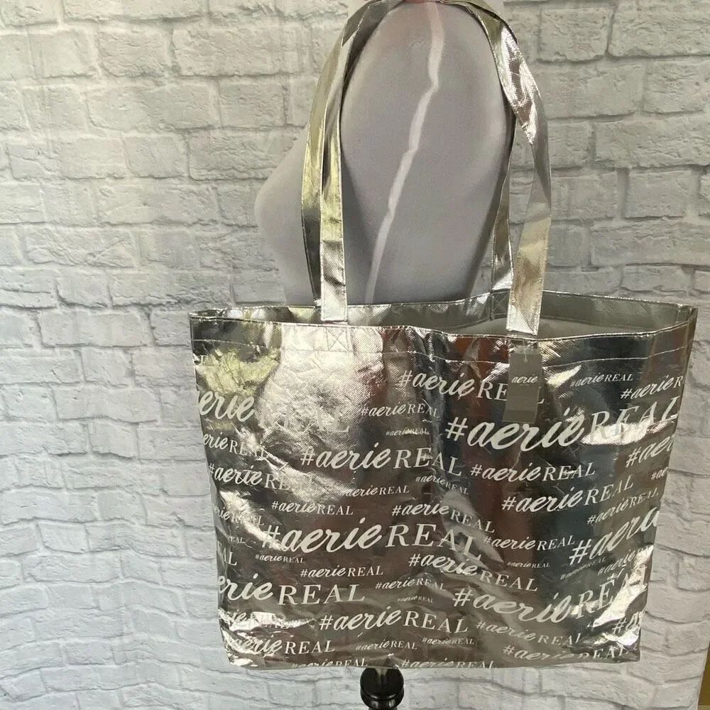 Aerie XL tote bag with double handles silver & white 19.5”x17” brand new